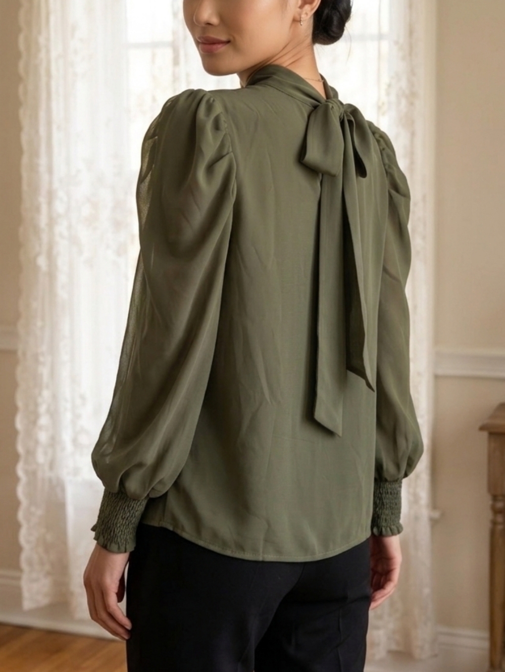 Olive Green Tie-Back Puff Sleeve Blouse